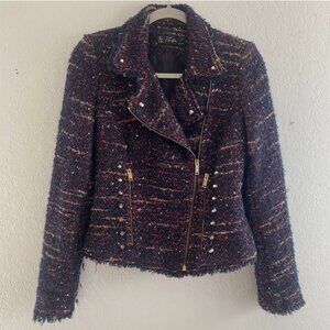 Zara Trafaluc Moto Jacket Boucle Knit Studded Size S Punk Rebel Zipper Tweed